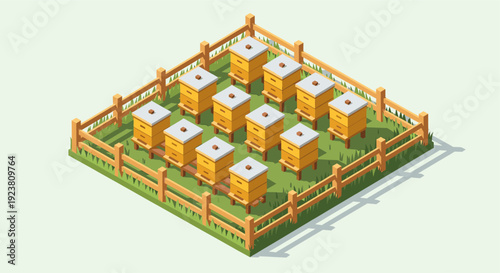 Isometric illustration of a group of beehives inside a fence. Can be used for agriculture, farming, and nature themes.