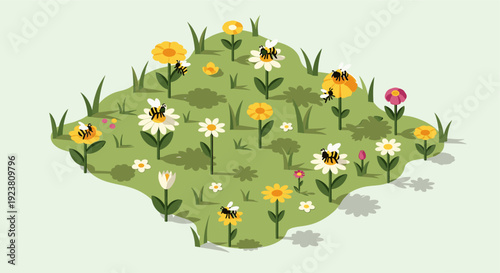 Stylized illustration of bees on flowers in a garden setting. Graphic style good for website backgrounds, social media, or children's books.