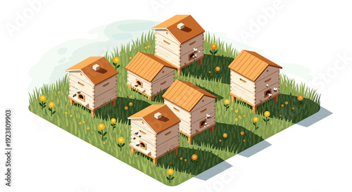 Isometric illustration of cartoon beehives in a field of flowers, symbolizing beekeeping, honey production, or a natural environment. Suitable for educational or ecological content.