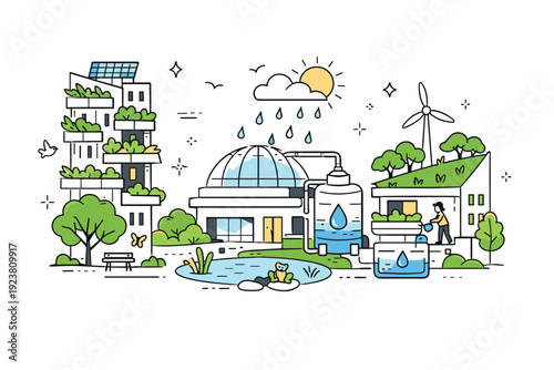 Climate-adaptive architecture objects. Urban buildings combined with trees, vertical gardens, and water collection elements. Friendly editorial scene
