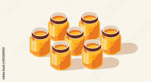 Seven jars of honey are displayed in isometric style, suggesting natural products, health, or homemade goods. Clean, and minimal, can be used for packaging and branding projects.