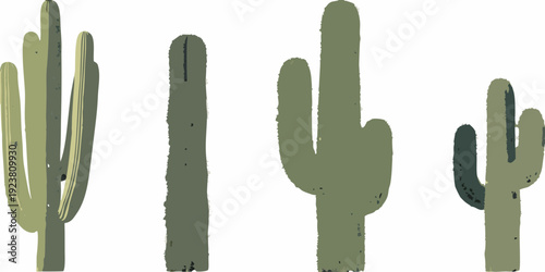A collection of saguaro cacti depicted in a minimalist illustration