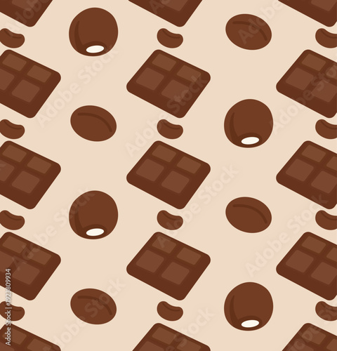Repeat chocolate brown pattern on beige cream color background with sweet candy elements