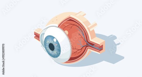 Isometric vector illustration of a human eye cross-section, showing the internal anatomy. Ideal for medical education, healthcare marketing, and scientific presentations.