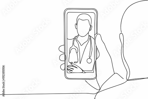 Line drawing of a doctor appearing on a smartphone screen during a call