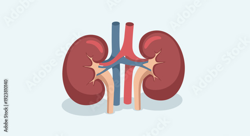 Anatomical illustration showing human kidneys, arteries and veins. Useful for medical, educational, or healthcare related design or articles. Simplistic style for easy integration.