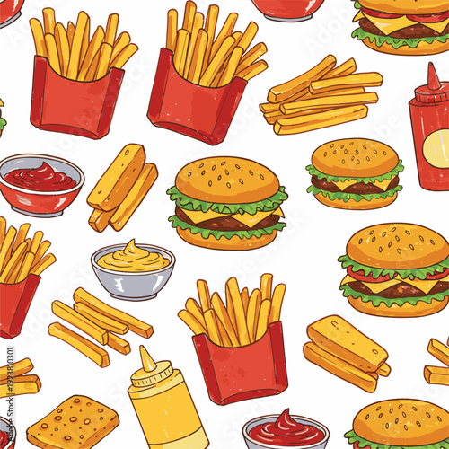 Colorful seamless pattern of various fast food items including burgers, fries, and sauces, seamless pattern, royalty free stock.