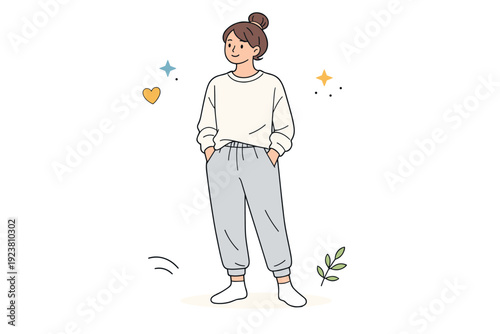 Comfort clothing realism. Single figure in simple loungewear, neutral colors, calm stance. Focus on softness, wearability, and realistic