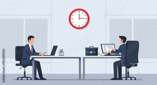 Two business people work at desks in a modern office with a visible clock. Use for depicting collaboration, productivity, or corporate environments. Vector illustration.