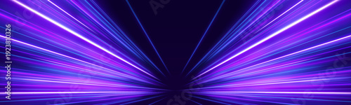 Neon blue and purple streaks curve along a dark city street, creating dynamic motion trails. Speed lines suggest high-tech traffic flow. Perfect for digital design. 