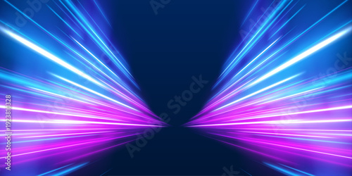 Glowing violet and blue light trails swirl above a panoramic highway. Energy flows and motion blur highlight fast urban traffic. Ideal for futuristic banners.