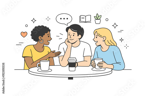 Modern friendship rituals. Editorial cafe scene with friends sitting close, coffee cups on the table, attentive listening. Meaningful conversations in familiar