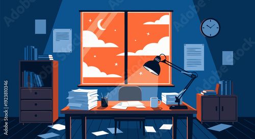 Cozy Vector Illustration of an Office Desk with Lamp, Cluttered Papers, and Moonlit Window in Nighttime Setting