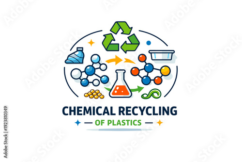 Chemical recycling of plastics highlighting molecular level transformation beyond traditional recycling methods. A visual badge with abstract