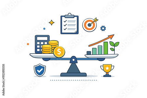 Financial responsibility in management leaders maintaining balance between costs and growth through simple financial icons, symbolizing