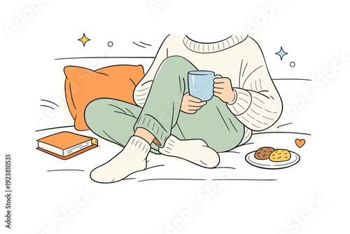 Comfort clothing realism. Close everyday scene of someone sitting on a sofa wearing knitwear or loose pants. Tactile fabrics, gentle folds,