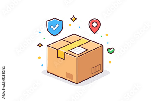 Sealed parcel with a small shipping label on top, communicating readiness for delivery and trust in modern logistics and e-commerce services.