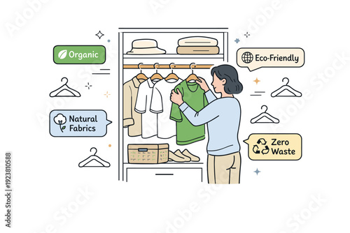 Sustainable wardrobe organization. A person neatly arranging eco-friendly clothes in a closet, soft labels and hanger icons floating, calm