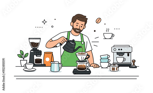 Barista preparing pour-over coffee with grinder, espresso machine, and coffee beans