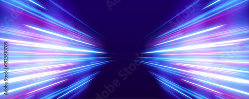 Violet and blue neon trails curve above a night city panorama. Abstract motion paths emphasize speed and futuristic aesthetics. Ideal for tech visuals.