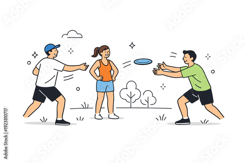 Casual frisbee game in the park. Friends enjoy an easy back-and-forth throw on open grass, with simple trees and sky hinted in the