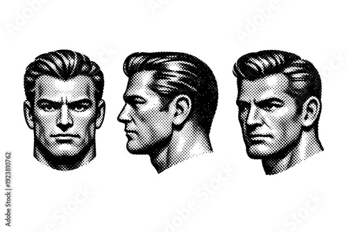 Pop culture halftone character head A stylized pop culture character head object shown in three views including front view, side profile view, and