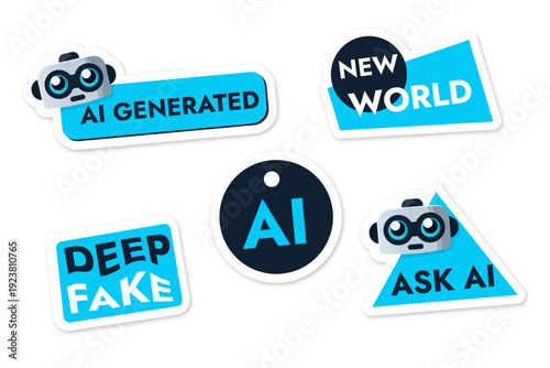 Set of blue vector banners with robot flat vector on AI theme without background