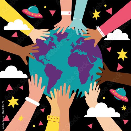 Diverse hands holding a colorful globe surrounded by stars clouds and ufos in a vibrant cosmic illustration representing global unity and diversity