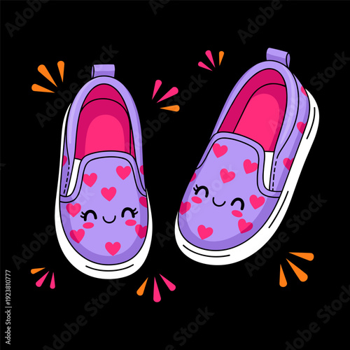 Adorable cartoon purple shoes with pink hearts and smiling faces on black background