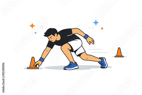 Shuttle run drills. Athlete bending low to touch the ground at the turn point before sprinting back. Precision, coordination, and fast reaction moment.