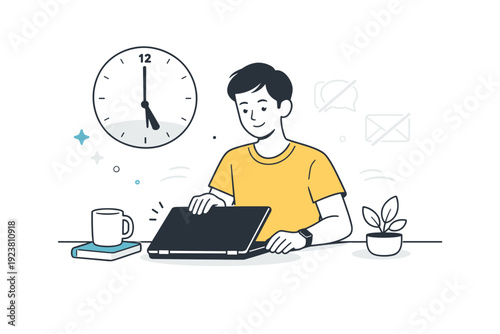 Work-life boundaries. A person closes a laptop at the end of the day while a clock and muted message icons fade into the background. The illustration conveys