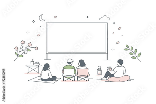 Minimal outdoor cinema scene. A wide composition with a movie screen, a few viewers, and soft spring details like leaves and blossoms. Space, calm rhythm, and