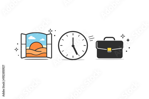 End of workday. Abstract composition of sunset outside a window, clock, and briefcase icons. Conceptual transition from work mode to rest and personal life.
