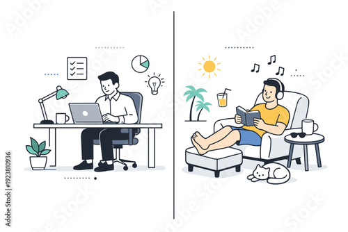Balanced workday. A split scene showing focused work on one side and relaxed personal time on the other. Clear separation, harmony between productivity and