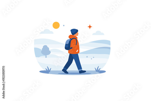 Taking foggy morning walks symbolizing introspection with a lone walker framed by soft gradients and muted distance cues. A thoughtful visual idea of slowing