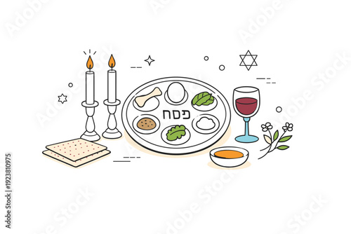 Minimal Passover centerpiece. Candles, a Seder plate, and small decorative elements arranged centrally on the table for a serene and modern Passover meal.