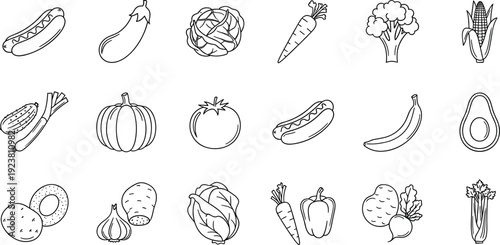 Outline Vegetable and Fruit Icons Set – Minimal Line Art Food Vector Collection