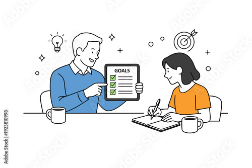 Professional mentorship meeting. Mentor pointing at a notebook or tablet with goals and checkmarks, mentee taking notes. Structured guidance and steady