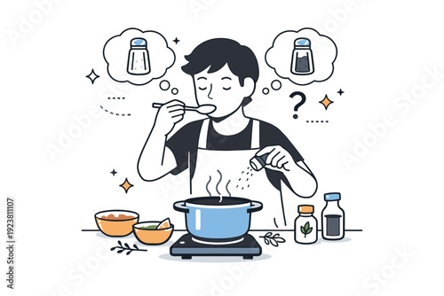 DIY food projects. Person tasting food with a spoon and adjusting seasoning. Thoughtful evaluation, learning, and refinement of flavors. Minimalist flat vector