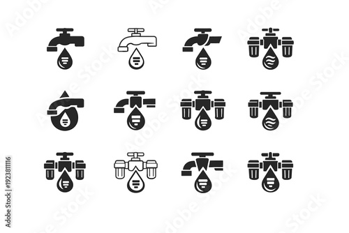 water filter tap. Icon set. Set Logo of water filter tap: water purification flow symbol on tap. harmonious logo variations of the same emblematic concept,
