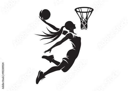 women's basketball dunking logo silhouette vector, basketball logo silhouette vector illustration, sport basketball logo vector, basketball player dunking logo vector silhouette on white background 