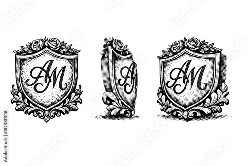 Wedding monogram crest with shield-shaped outline and central letter composition shown from front view, side view, and three-quarter view as a single object