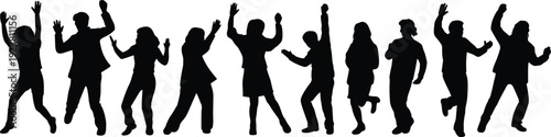 Dancing people silhouette collection celebrating party, men and women jumping with raised hands isolated on white background banner