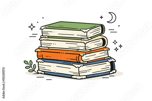 Old book textures. A stack of vintage books with frayed corners and discolored pages, resting peacefully. The illustration highlights slow