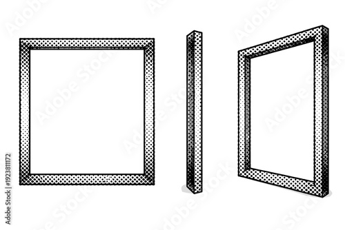 Dotted halftone frame border. A single rectangular dotted frame border shown in three views: front view, side view, and three-quarter view, clearly defining