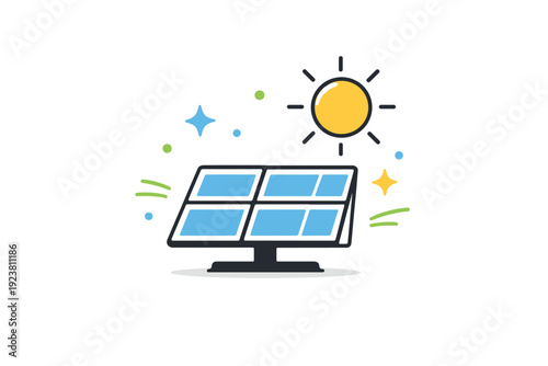 Green energy icon. A solar panel and sun icon with subtle stars and abstract dots floating around, representing renewable and sustainable energy. Minimalist