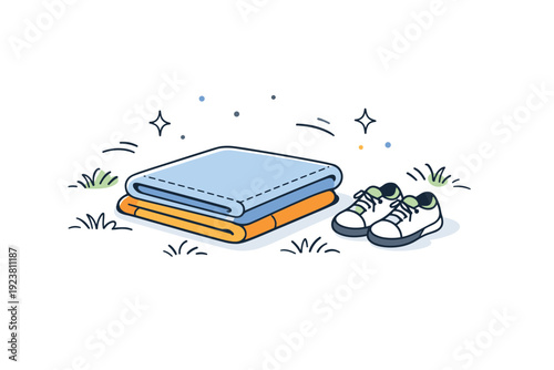 Blankets on still-cool grass. A folded blanket laid out on uneven grass, shoes placed beside it. Anticipation of rest, simple preparation for outdoor time.