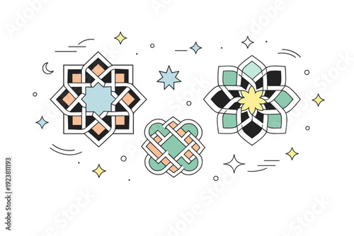 Islamic geometric patterns. A calm editorial scene with repeating geometric shapes inspired by traditional Islamic art, clean symmetry and balanced rhythm