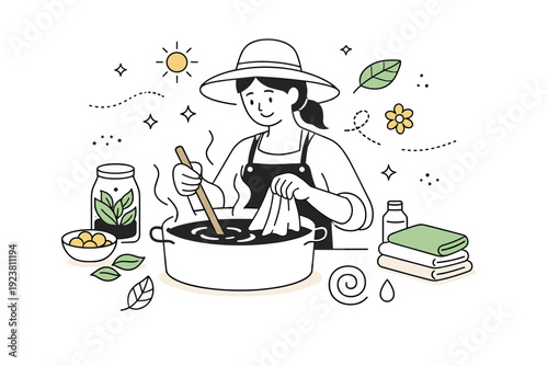 Natural dyeing and eco-friendly textile techniques. Craftsperson stirring dye bath with wooden tools, mindful sustainable production process.