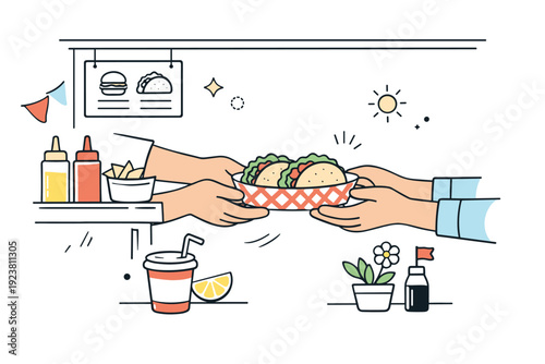 Spring food truck festivals. A close-up editorial view of a food truck counter serving burgers or tacos, hands exchanging food trays, casual interaction and
